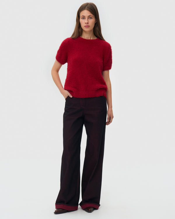 Short Sleeve Knitted Sweater - Red