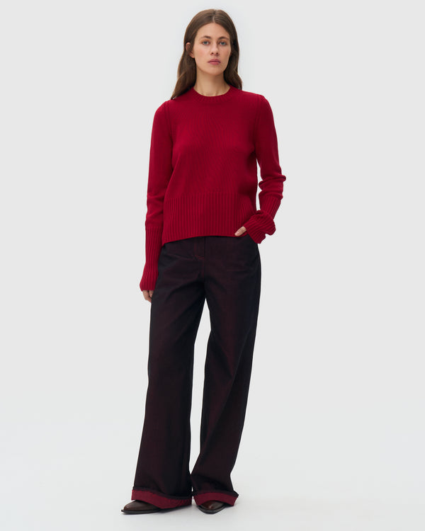 Crew Neck Knitted Sweater - Red