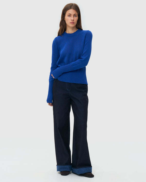 Crew Neck Knitted Sweater - Blue