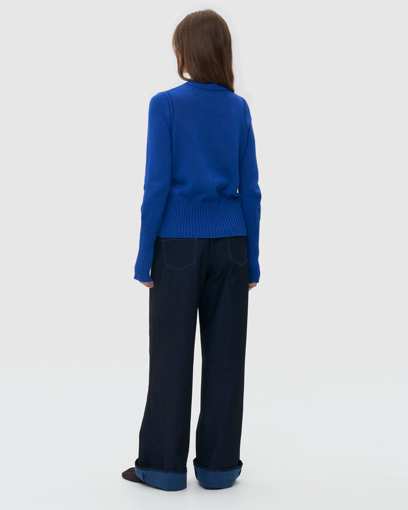 Crew Neck Knitted Sweater - Blue