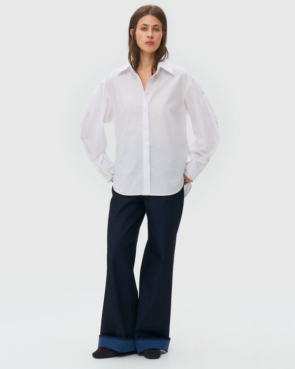 Pleated Sleeve Poplin Shirt - White